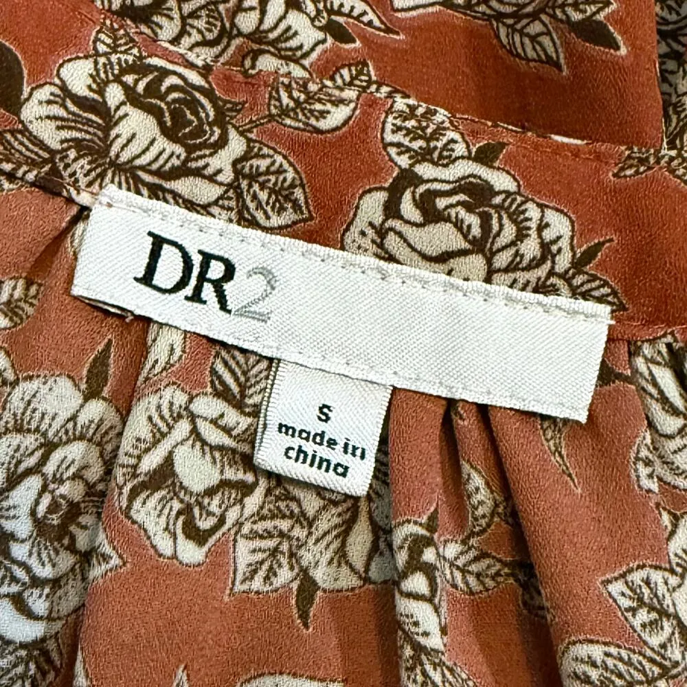 DR2 Women Small Rust White Floral High Low Bow Keyhole Flowy Babydoll Tunic Top - Image 7