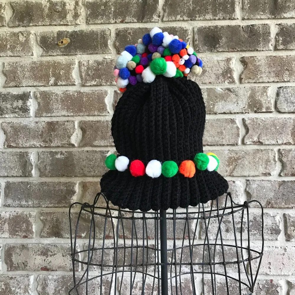 Handmade Black Knit Toboggan Pom Poms Halloween - Image 2