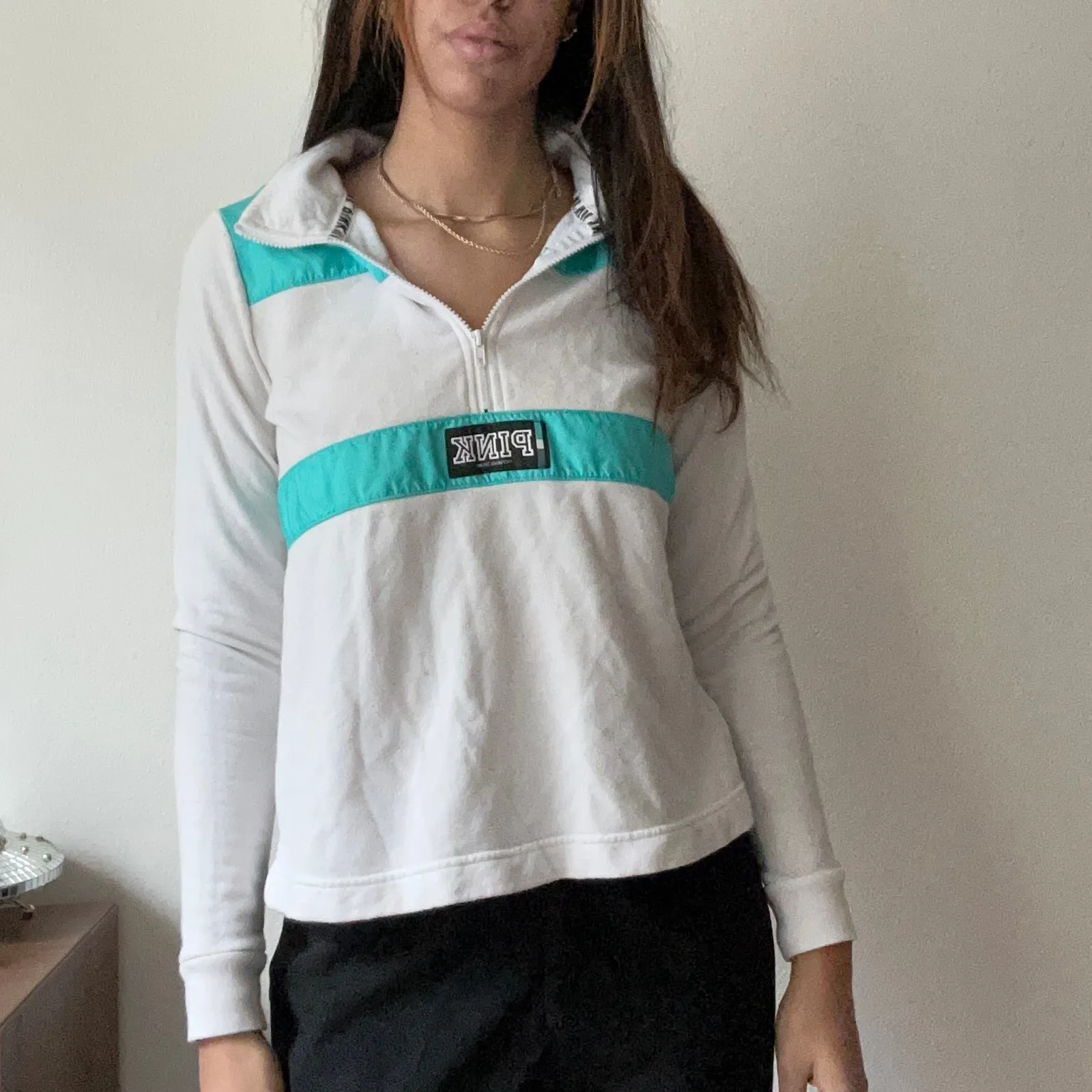 PINK Quarter Zip Pullover Sweatshirt Athletic Long Sleeve Top White Teal xS - Image 3