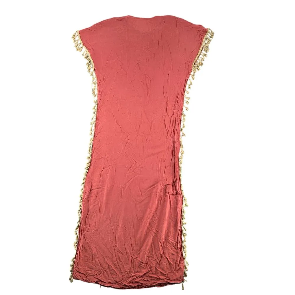 Pink Embroidered Cotton Tunic Dress Boho Kurti Midi Sequin 3/4 Sleeve Large - Image 8