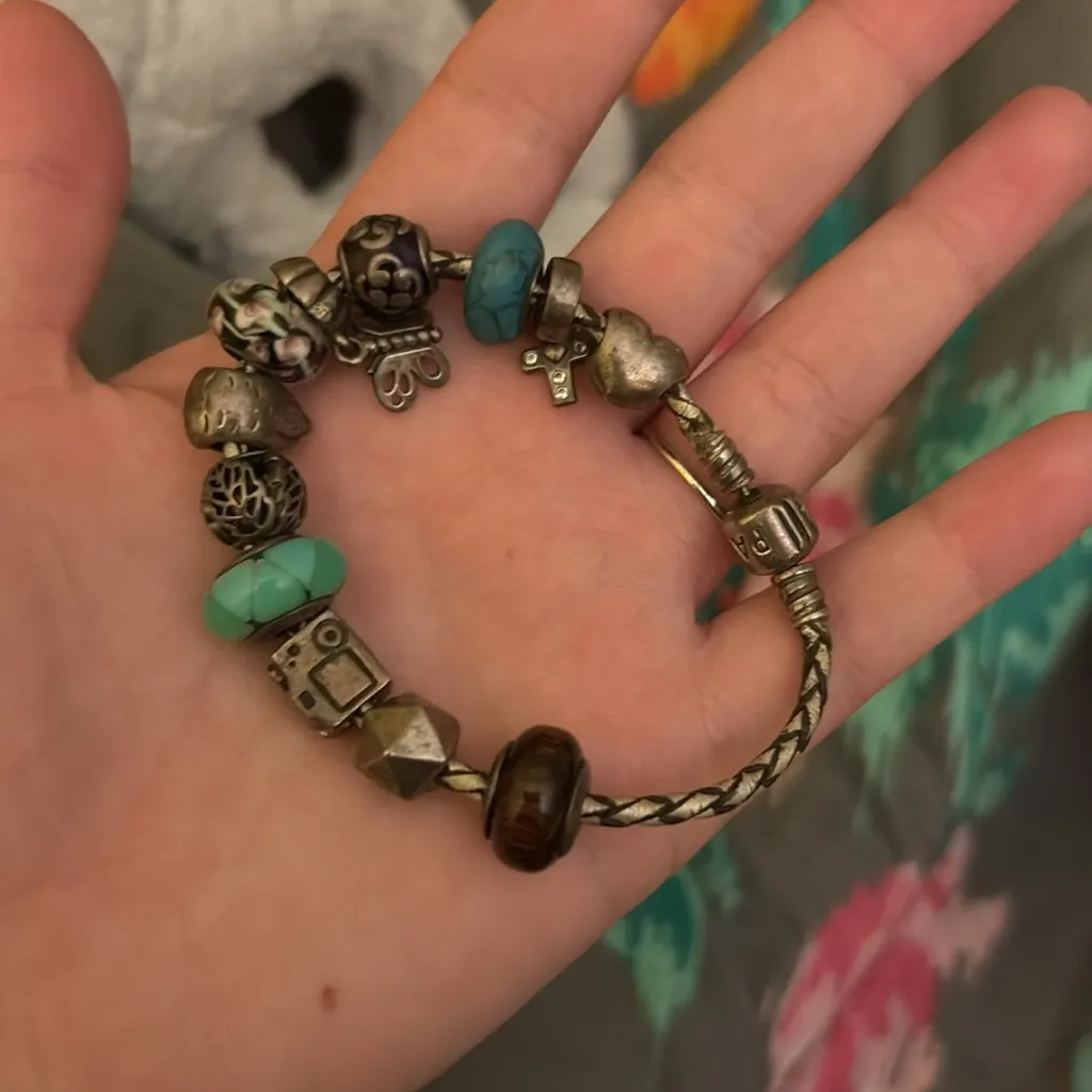 Vintage Pandora Double Woven Leather Bracelet w/ 12 Pandora Silver Charms - Image 6