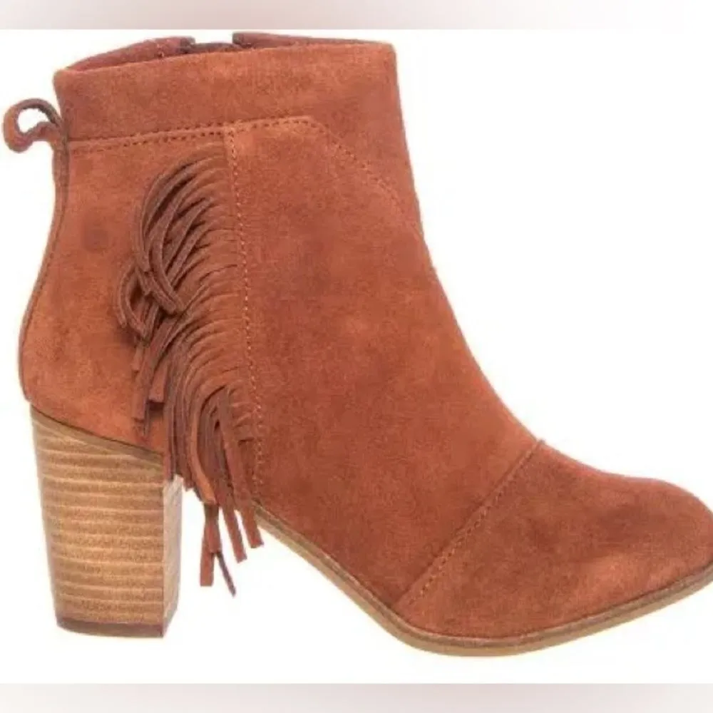 TOMS Lunata Western Boho Tassel Suede Bootie Stacked Block Heel, Brown Size‎ 8.5 - Image 16