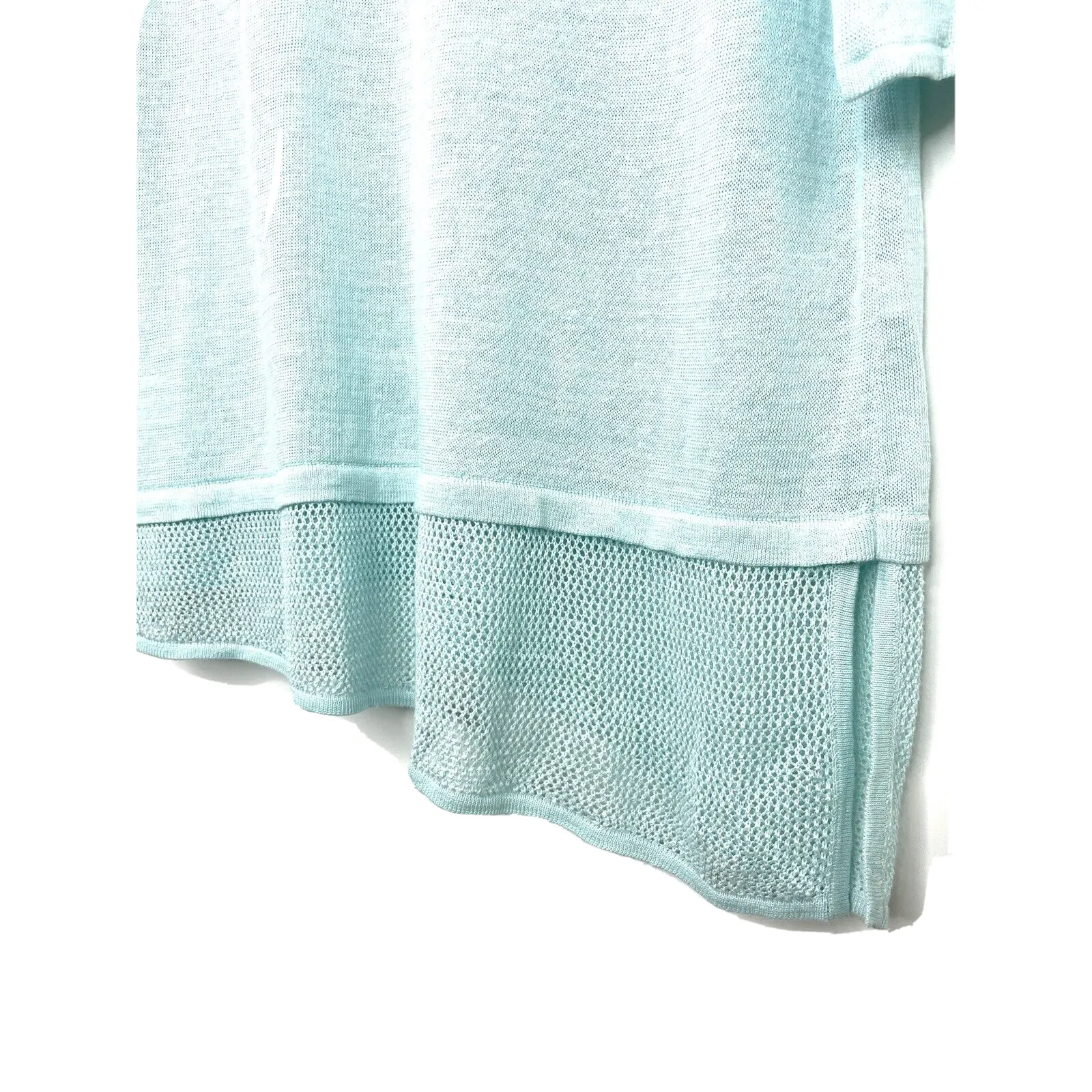 J JILL Pure Jill Aqua Linen Blend Asymmetric Mesh Hem Tunic Sweater Size Large - Image 3