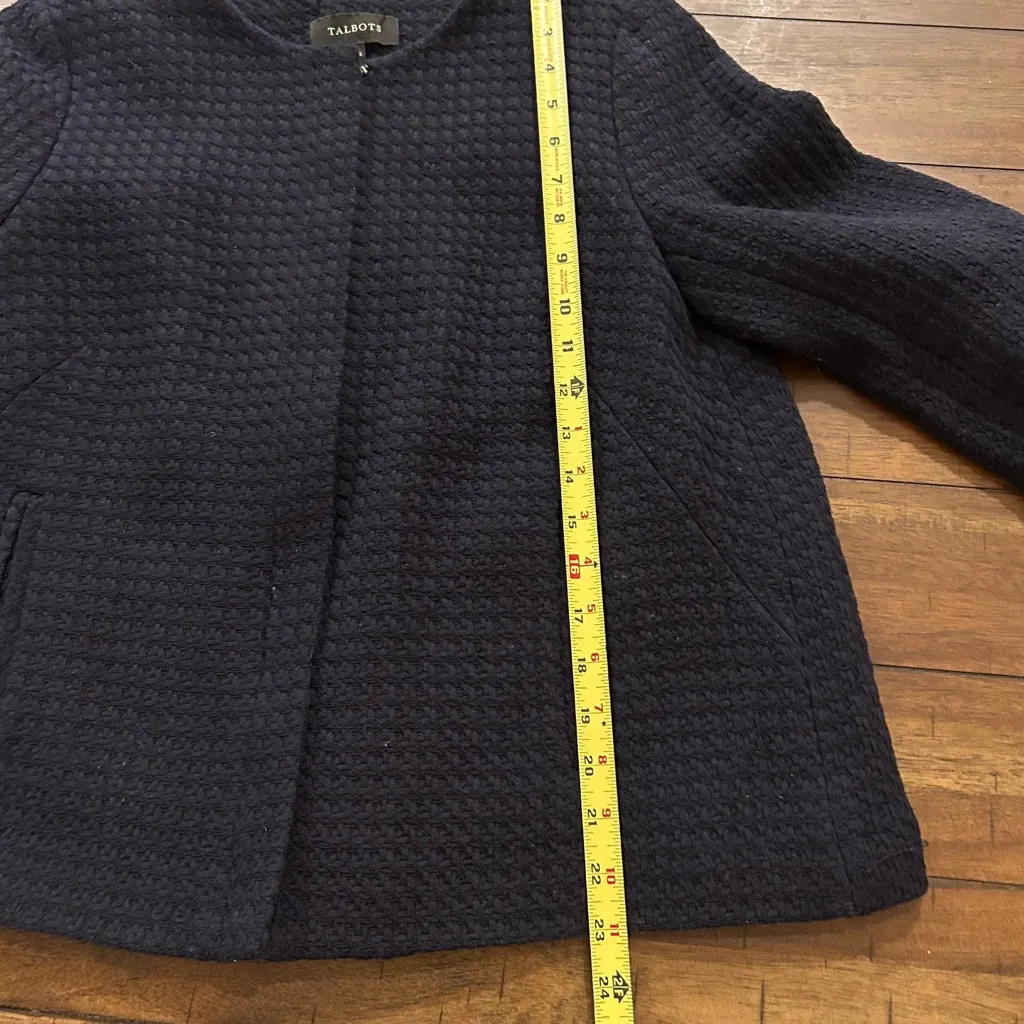 Talbots Navy Blue Cotton Woven Textured Zip Front Blazer Size 8 - Image 6