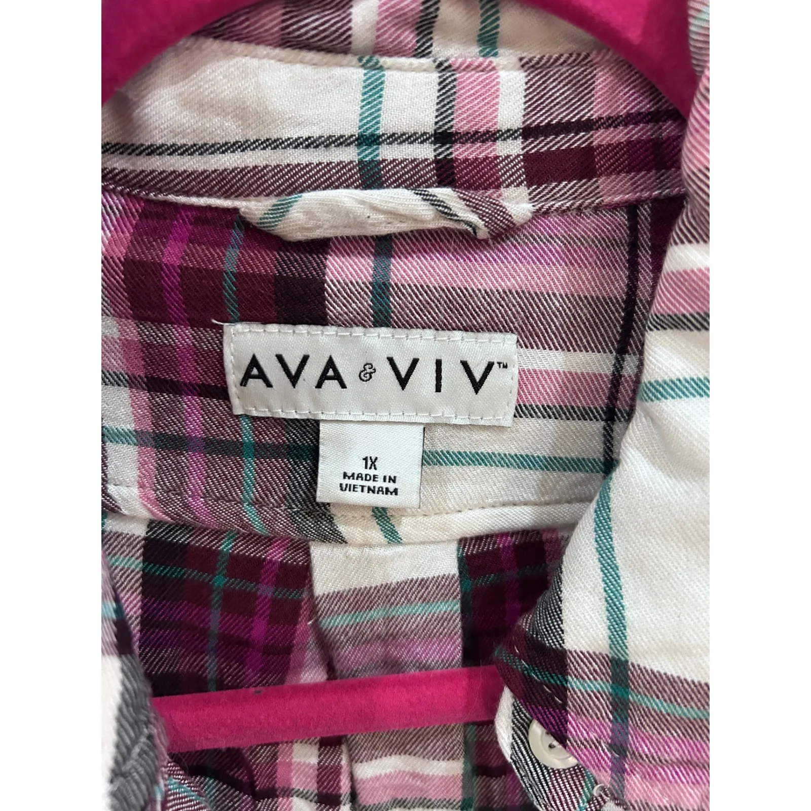 AVA & VIV Plus Size 1X Plaid Long Sleeve Button Up Shirt Purple White Green - Image 4