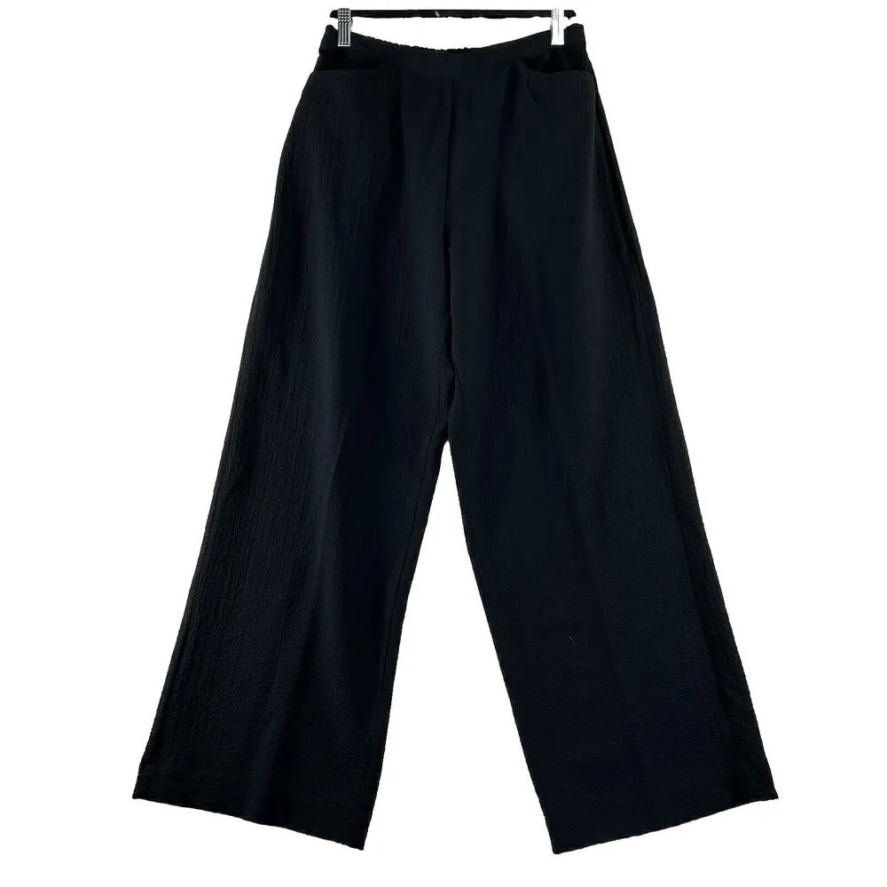HABITAT Medium Pull-On Bubble Gauze Pants Straight Wide High Rise Pockets Black - Image 2