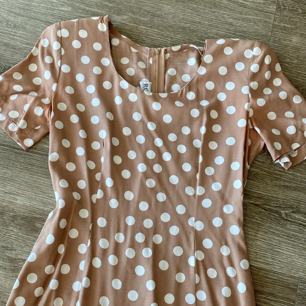 Vintage 90s polka dot dress mini neutral tan white dots XS Small - Image 4