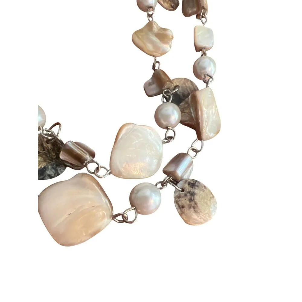 Chunky Multi Strand Mother Of Pearl Shell Faux Pearl Necklace Vacation Adj 19" White - Image 2