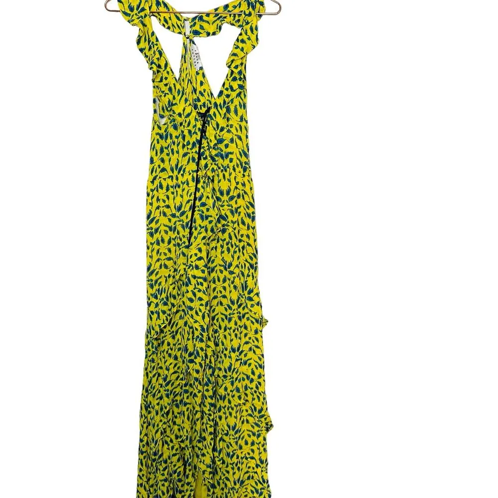 TANYA TAYLOR Yellow Blue Printed Silk Chiffon V-Neckline Maxi Dress Size 2 - Image 3