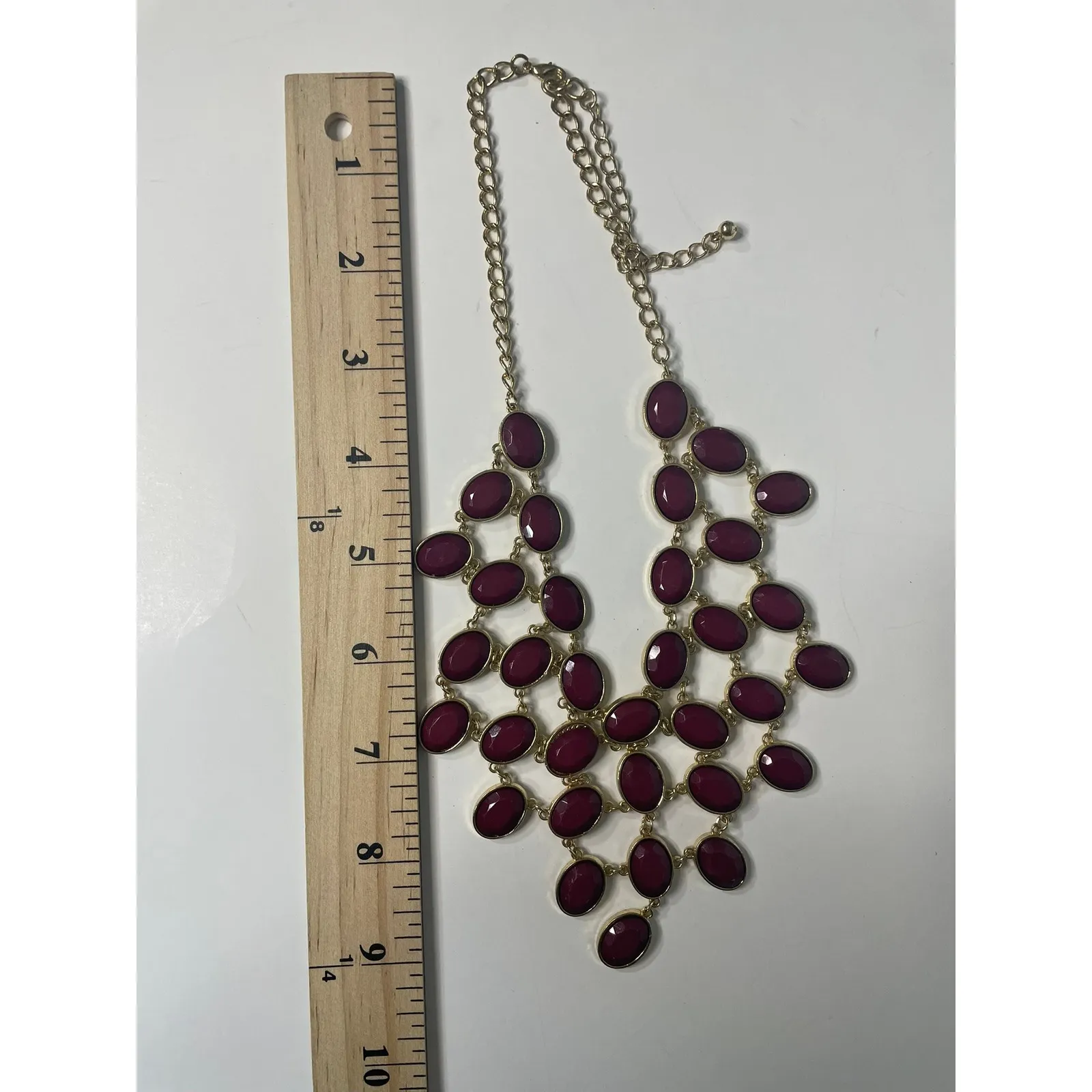Gold Tone Statement Necklace Burgundy Oval Gemstone Bib Dangle - Image 4