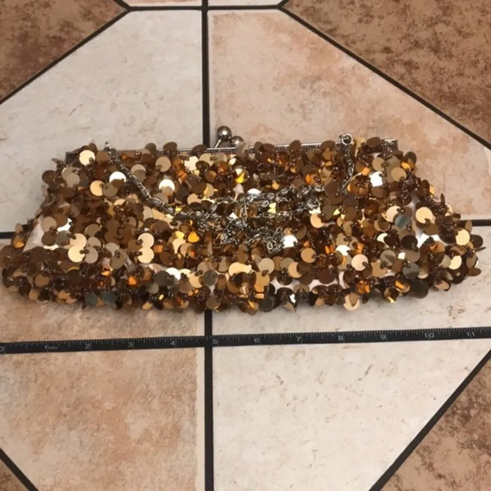 Vintage Y2K gold sequin beaded clutch cocktail purse evening bag with chain - Image 10