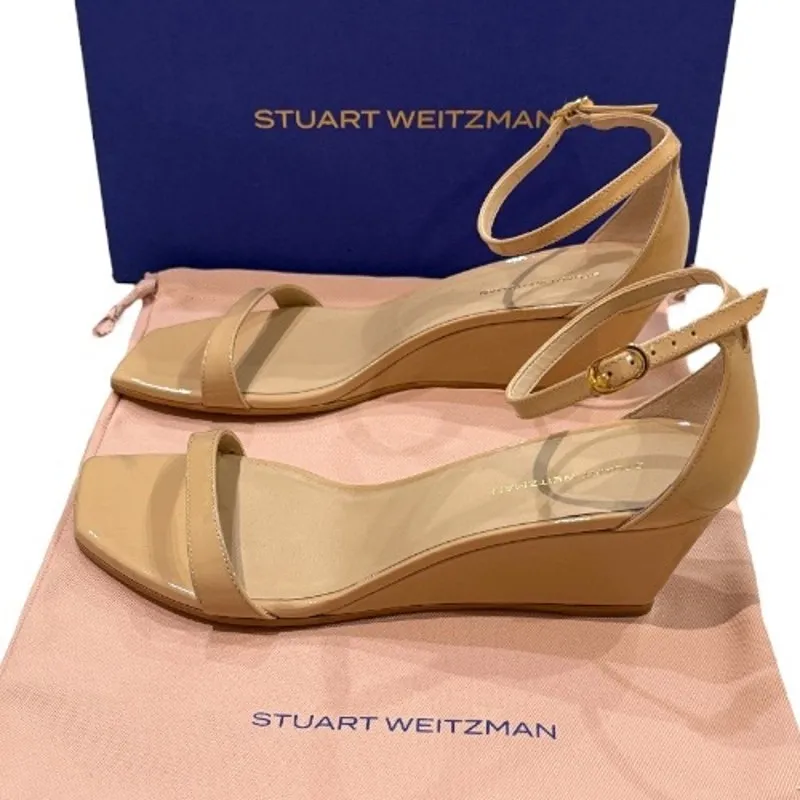 NEW Stuart Weitzman 9 Nudistcurve 50 Patent Wedge Heel Sandal Beige Tan Minimal - Image 6