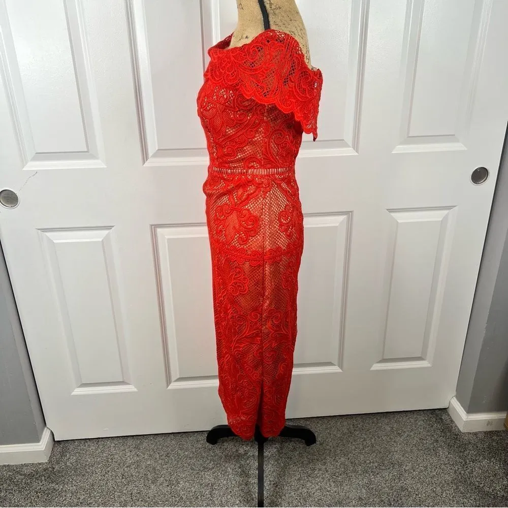Sz S Stylestalker Stella Midi Off the Shoulder Red Lace Dress $241 MSRP - Image 4
