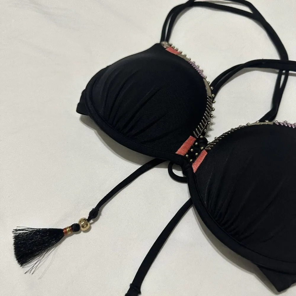 Victoria’s Secret Black Boho Style Pink Trim Padded Bikini Swimwear Top 32D - Image 10