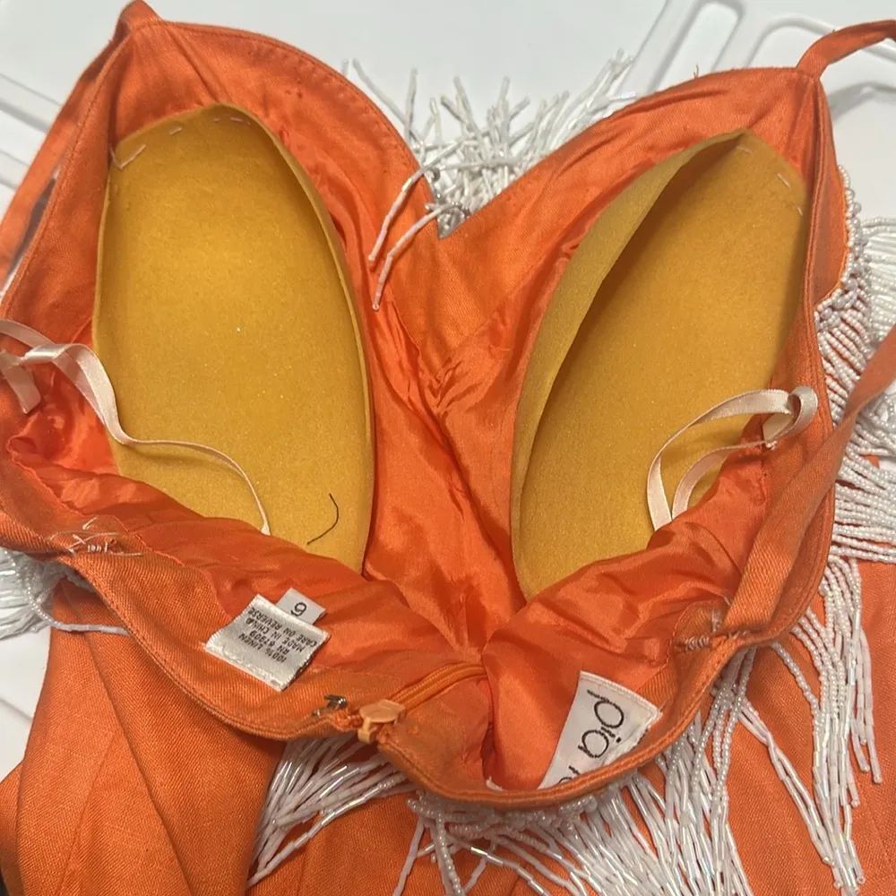 PIA RUCCI Orange Linen Dress with Beaded White Fringe Size 6 - Image 4