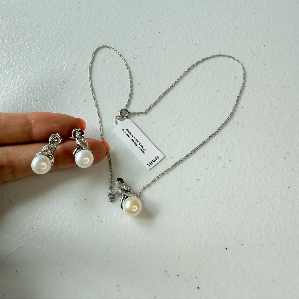 RH Macy’s & Co cultured fresh water Pearl Diamond silver Necklace Earring Set - Image 2