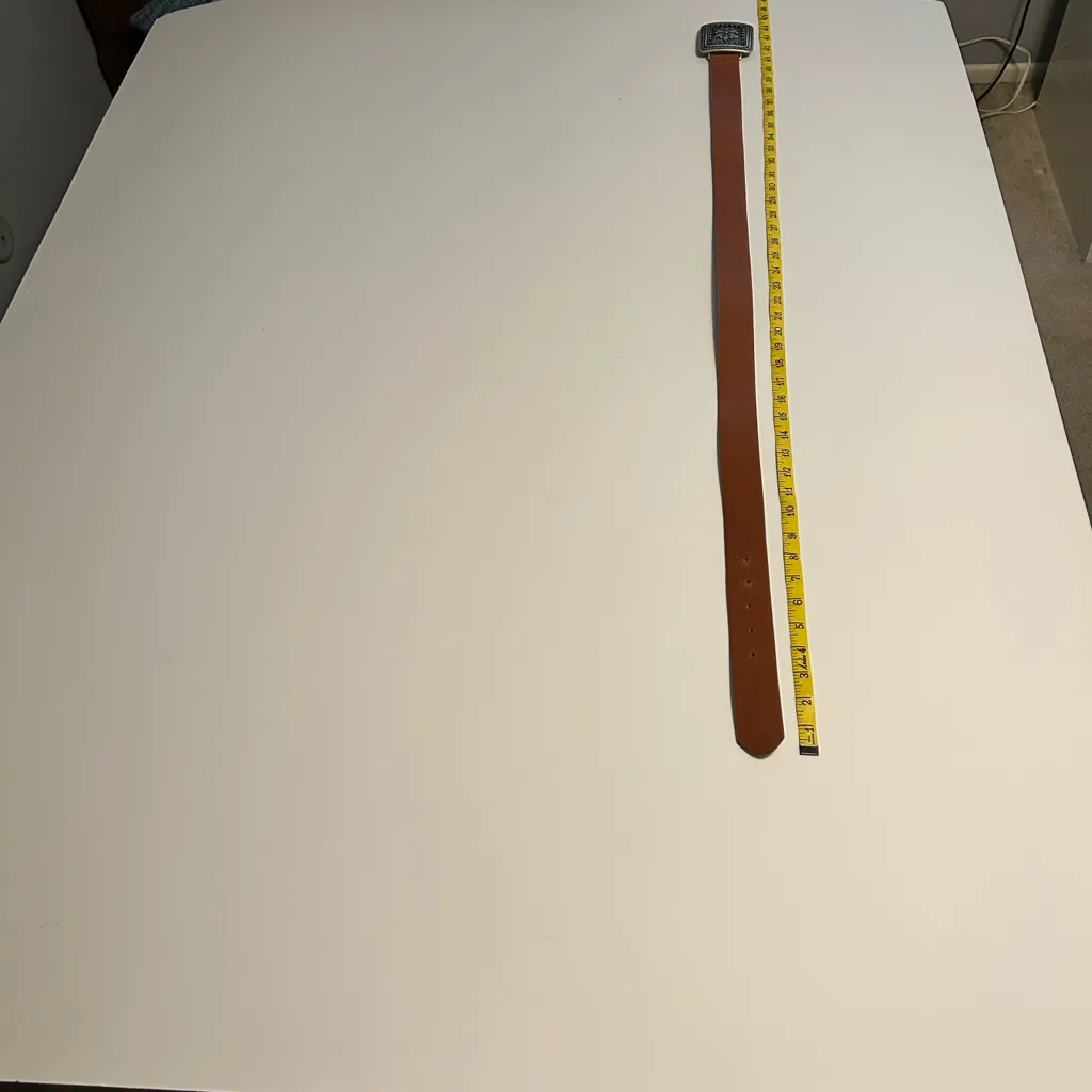 Belgo Lux Brown Leather Belt with Italian Silvertone large square flower buckle Size M - Image 9