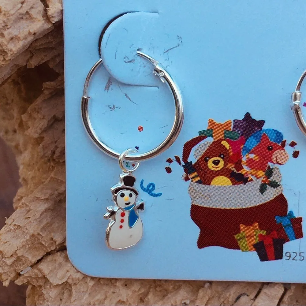 Children's Silver Hoops w/ Hanging epoxy Snowman - Image 3