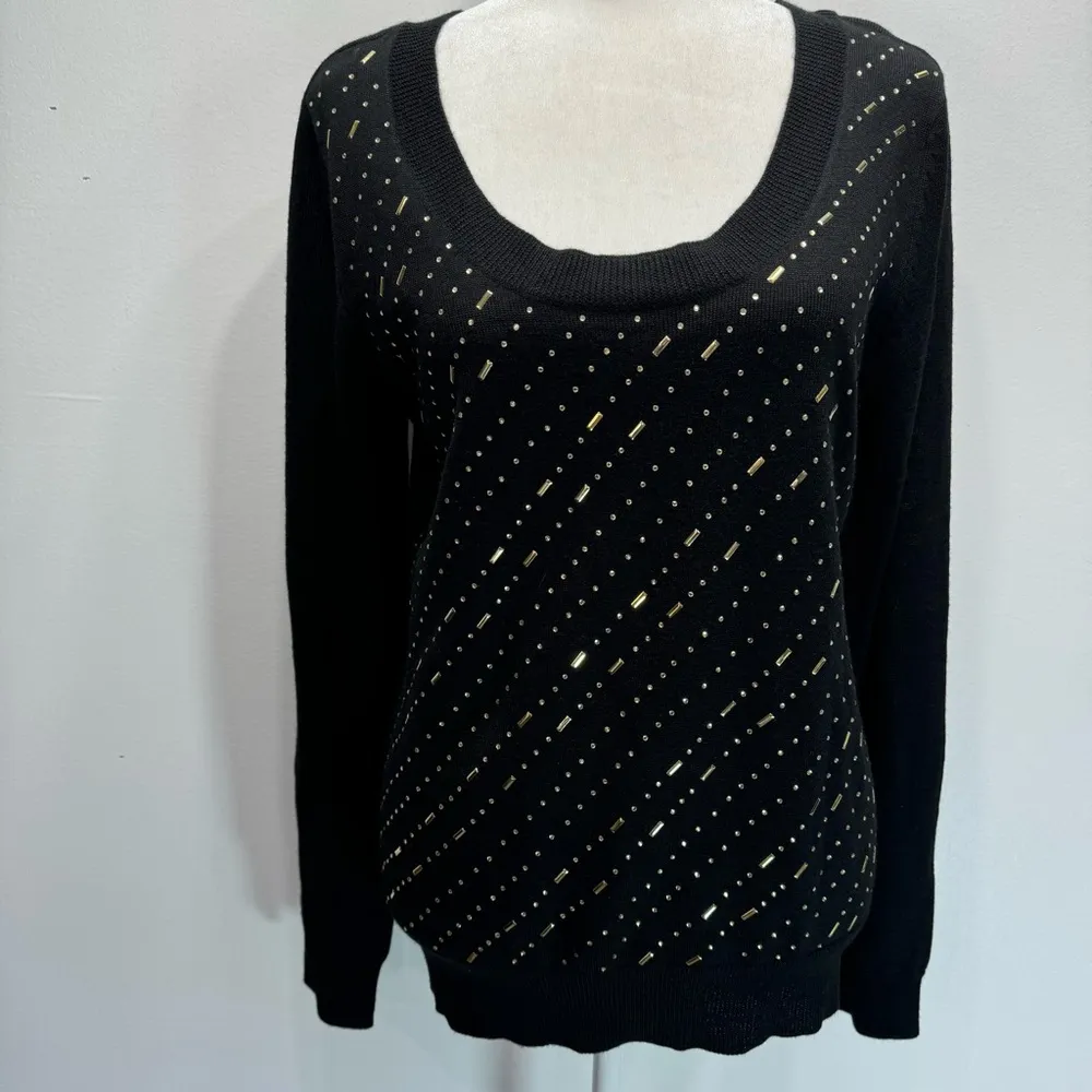 Calvin Klein Black Wool Blend Long Sleeve Sweater with Gold Beading Medium - Image 2