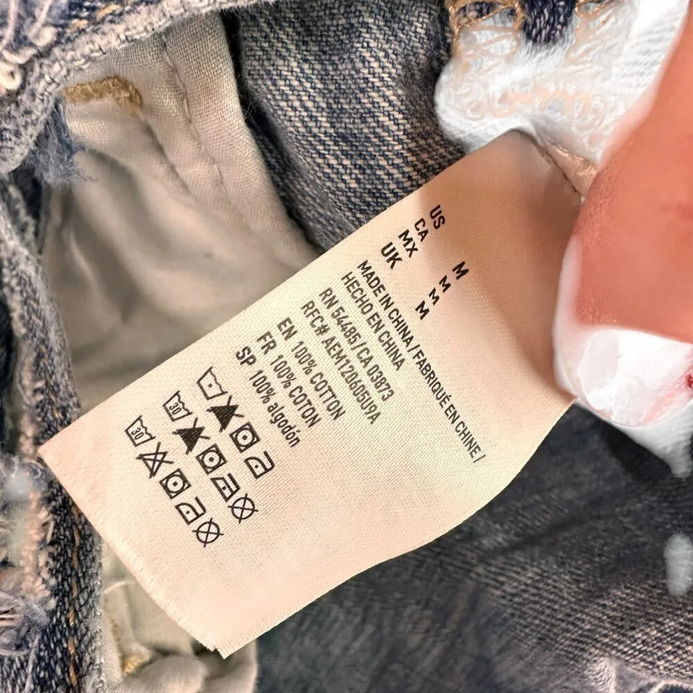 American Eagle Distressed Crochet Accent Button Up Jean Jacket Size Medium - Image 10