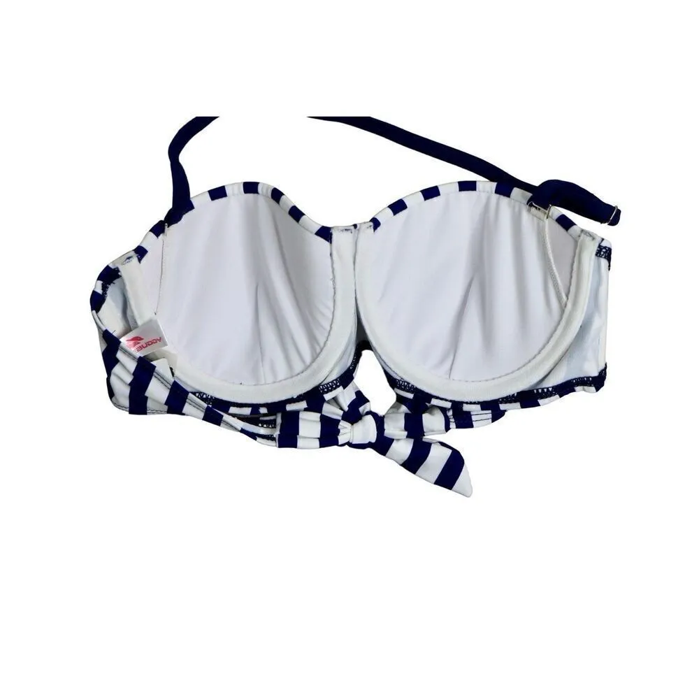 Ebuddy Retro 50s Blue‎ Stripe Underwire Bikini Halter Swim Top sz MEDIUM Blue - Image 4