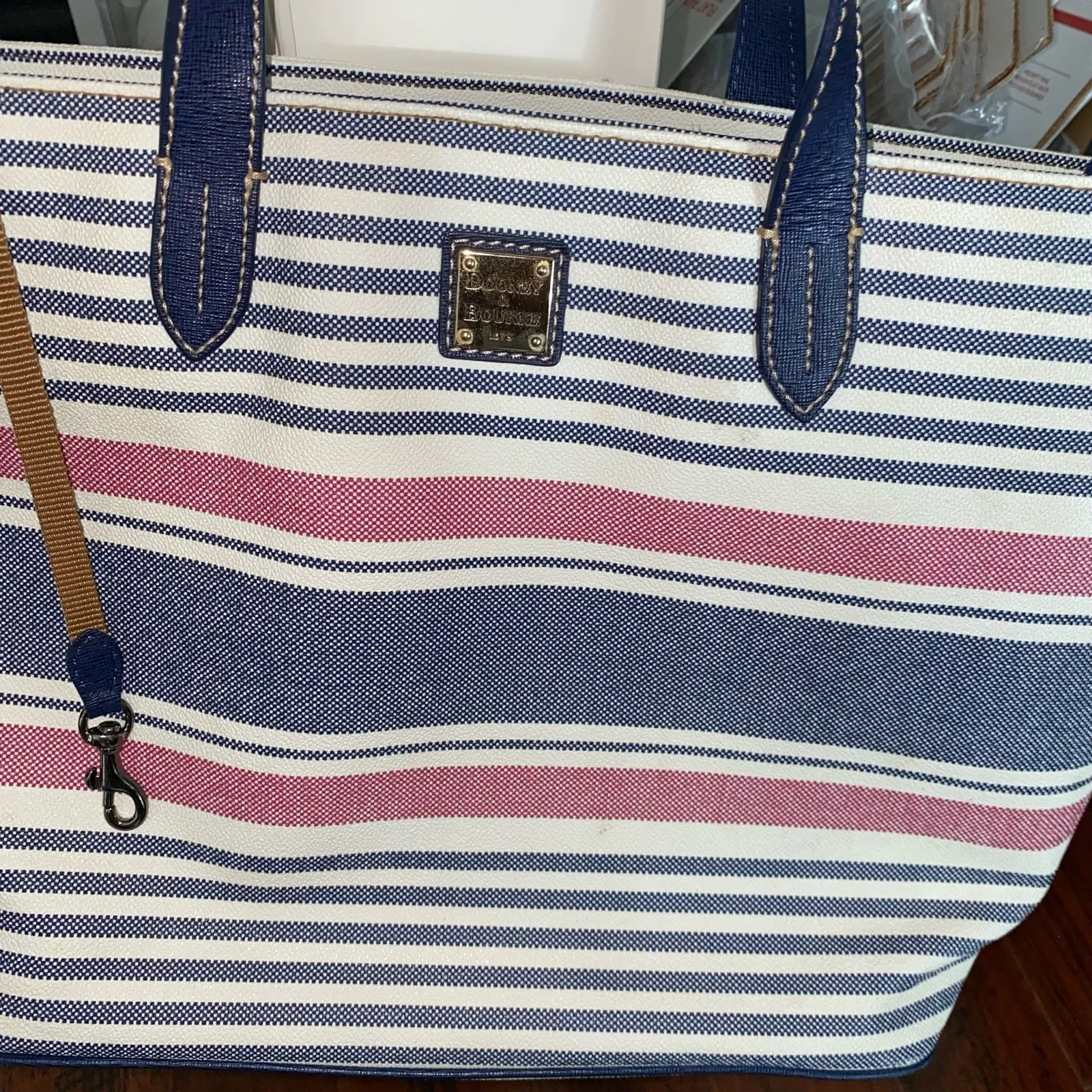 Dooney & Bourke Waverly Shopper Tote Striped Zippered Navy Red Handbag Purse - Image 2