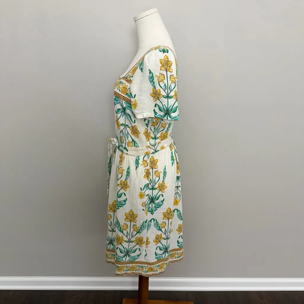 Draper James Dress Floral Linen Blend Square Neckline Lined Prairie Yellow Green - Image 5