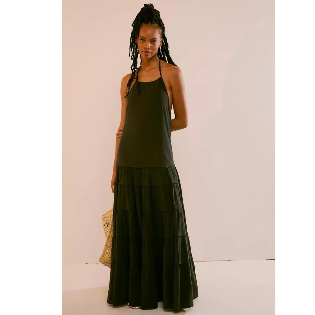 Free People Bohemian Tiered Somewhere Sunny Drop Waist Maxi Dress Black XS NWT - Image 8