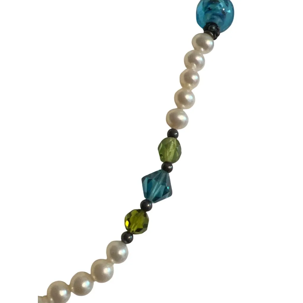 Vtg Sterling Silver Pearl Glass Crystal Necklace Toggle Clasp Lampwork Estate 17 White - Image 3