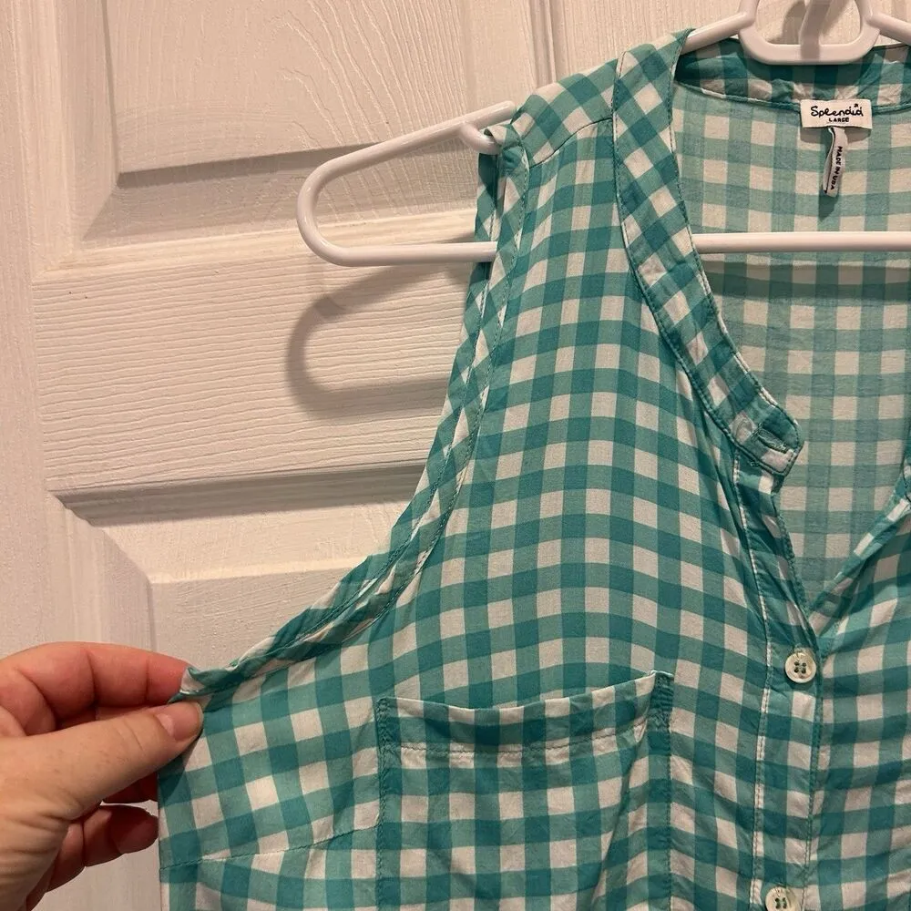 Splendid Teal Gingham Button Down Tank Top‎ Women’s Size Large Summer Beachy - Image 2
