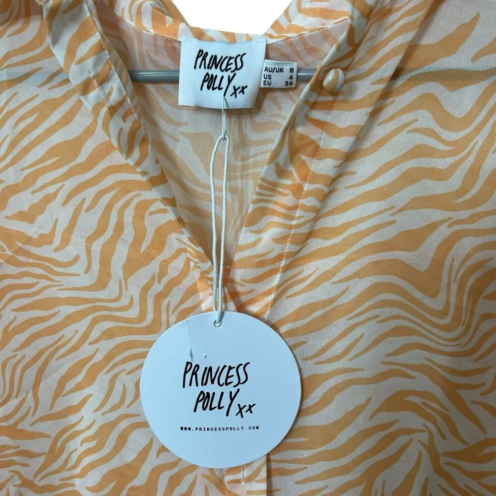 Princess Polly Ziggy Shirt Orange Zebra Print Button Down Semi Sheer Top Size 4 - Image 10
