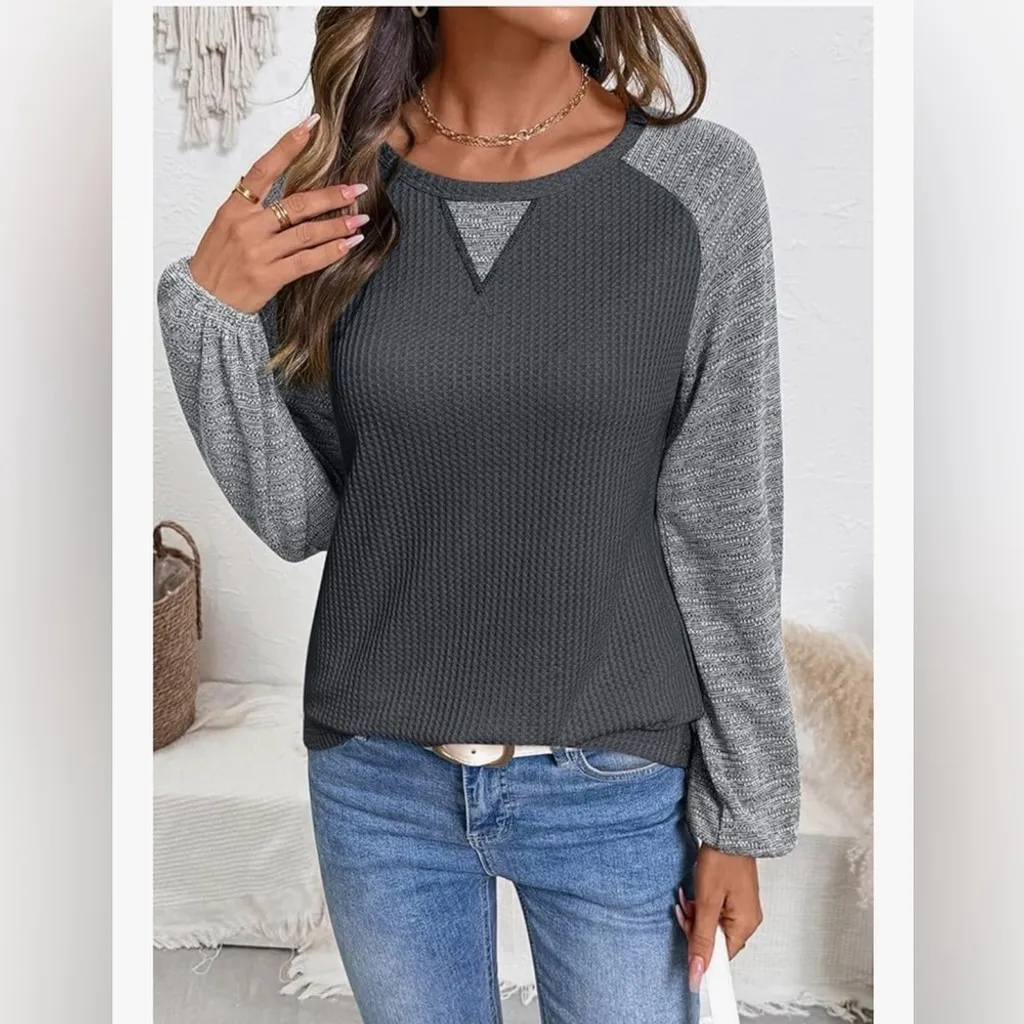 NEW Waffle Knit Top Casual Crewneck Contrast Long Sleeve Shirt Loose Pullover XL Gray - Image 5