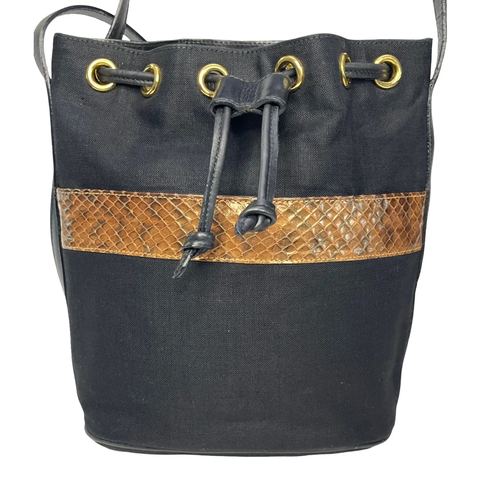 Salvatore Ferragamo Black Linen Canvas Bucket Bag With Snakeskin Embossed Trim - Image 2
