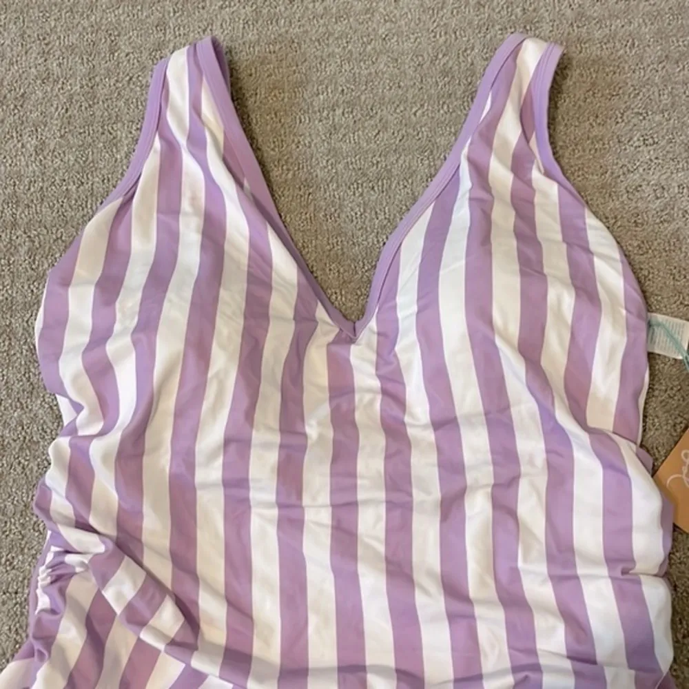 NWT- Kona Sol Lilac & White Stripes V-Neck One Piece Swimsuit - Image 6