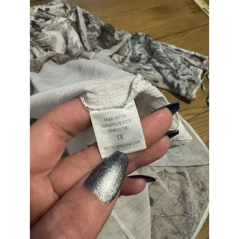 One World Live & Let Live Blouse Sz 1X Artsy Floral Lightweight Lined Tie Sleeve - Image 11