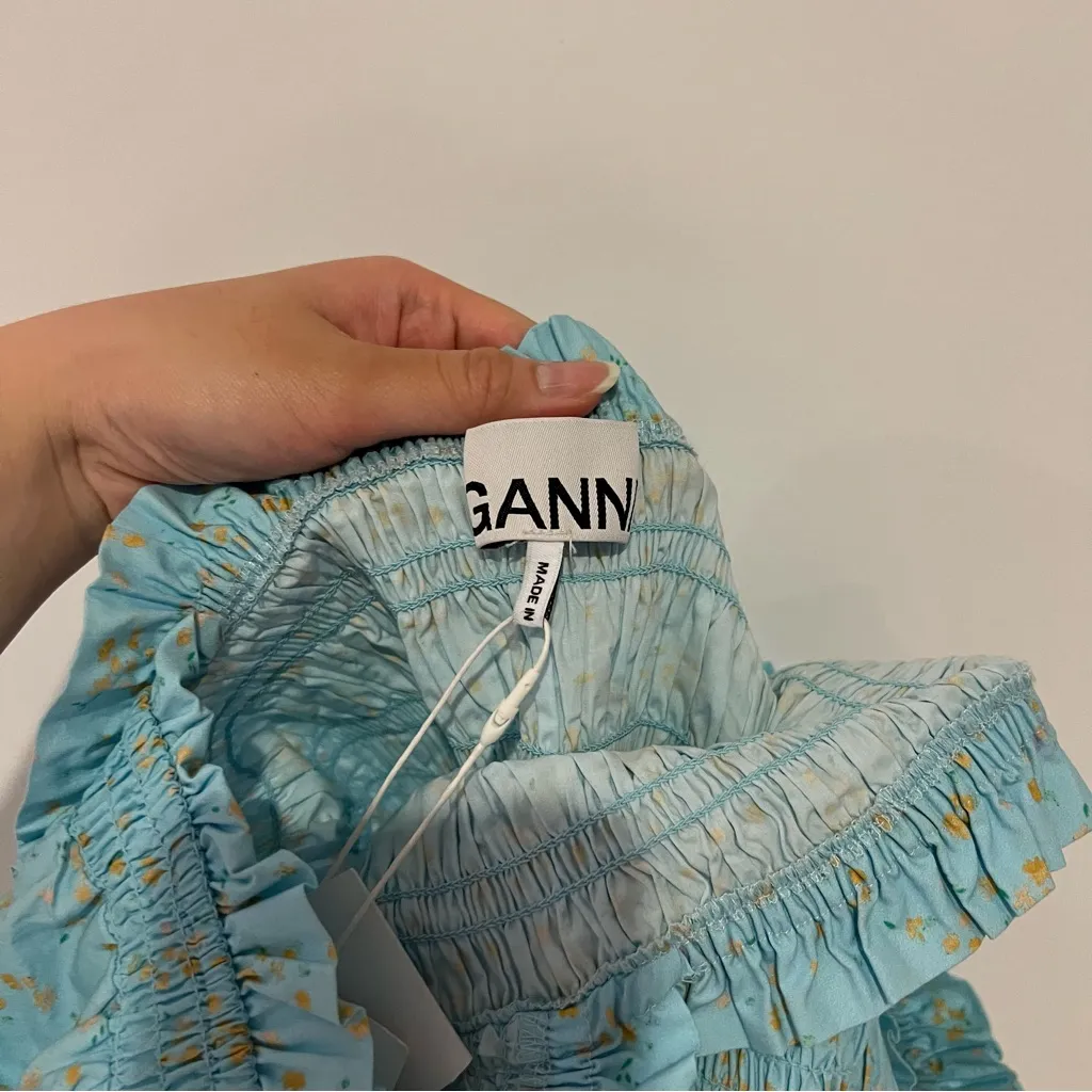 Ganni Shirred Floral Cotton Poplin Mini Blue Dress - Image 7