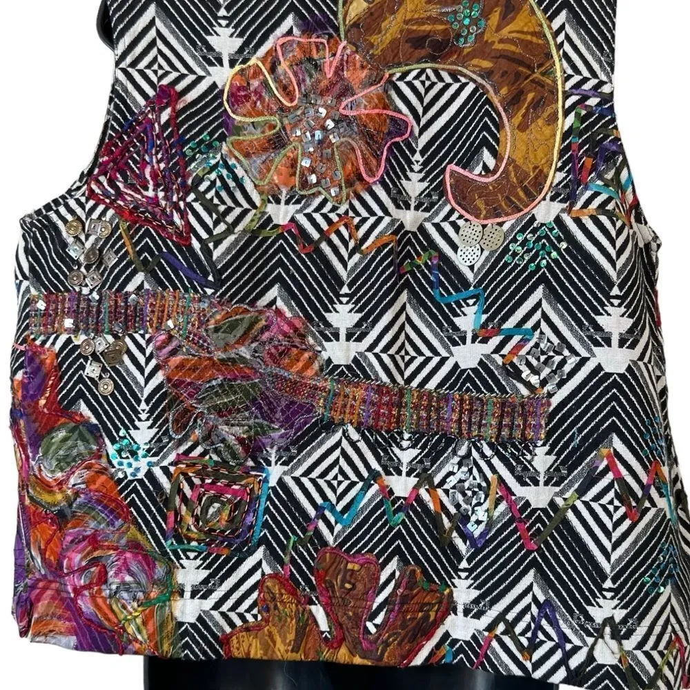 Chicos Embroidered Mixed Media Patchwork Open Front Collared Cotton Silk Vest - Image 6