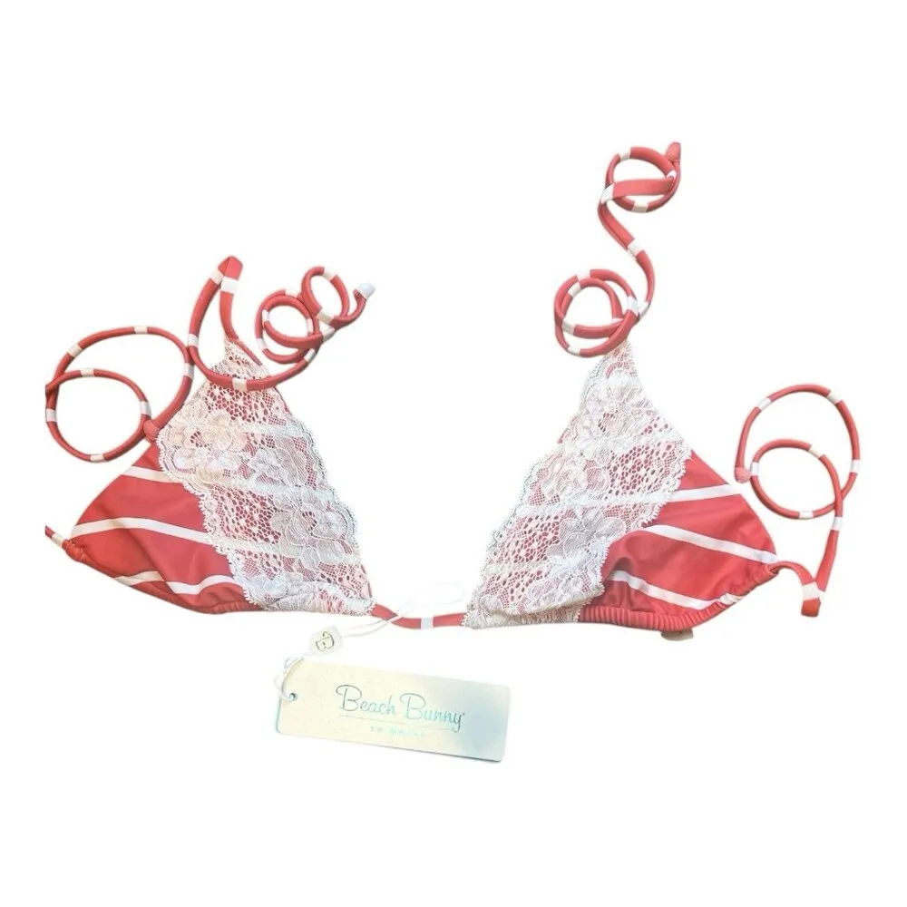 Beach Bunny Swimwear Tri Top Lady Lace Bikini Top Sz Medium Red White Stripes - Image 2