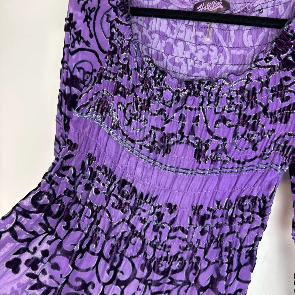 Hale Bob Velvet Burnout Top Sz XS Long Sleeve Ruched Purple Black Floral - Image 5