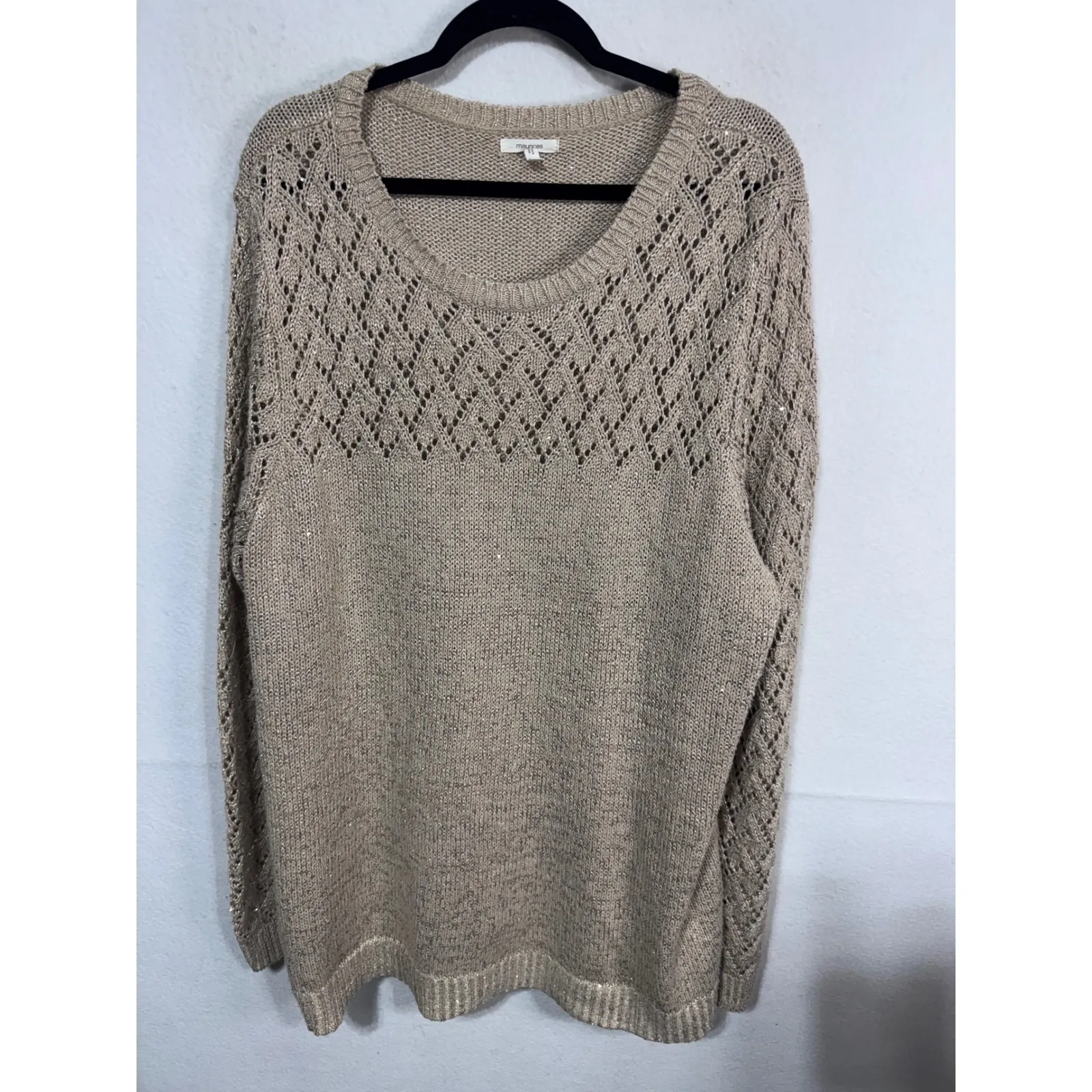 Maurices Womens Knit Sweater Beige Open Weave Sequin Long Sleeve Crew Neck 3X - Image 7