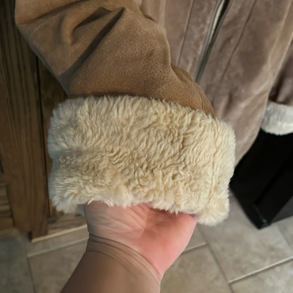 Washable Suede Leather Coat Faux Fur Lining Penny Lane Jacket Pockets Warm Large Tan - Image 8