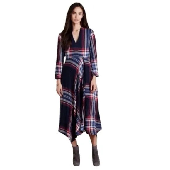 Anthropologie Isabella Sinclair Red Blue Plaid Tartan Midi Dress Size Small - Image 11
