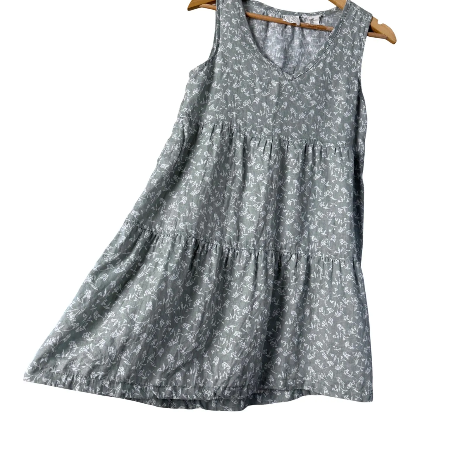 Joie 100% Linen Tiered Sleeveless Babydoll V Neck Mini Dress in Green Floral XS - Image 5