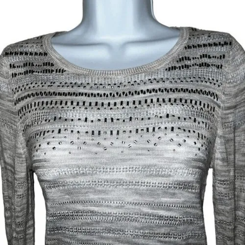 WHITE HOUSE BLACK MARKET Dove Gray & White Studded Sweater Ribbon Sleeves EUC XS - Image 3