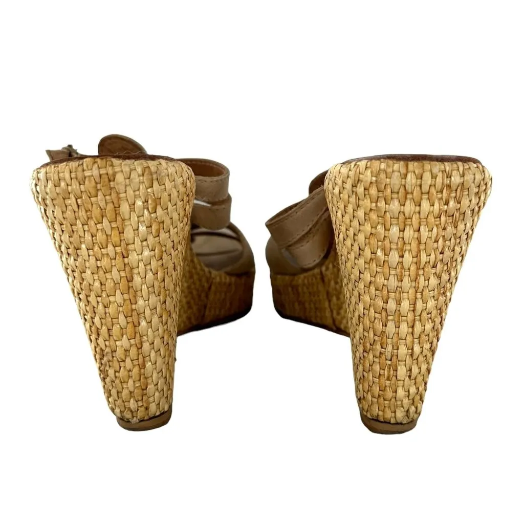 Sundance Beige Leather Open Toe Woven Wedge Heel Slides Size 38 Sandals Tan - Image 6