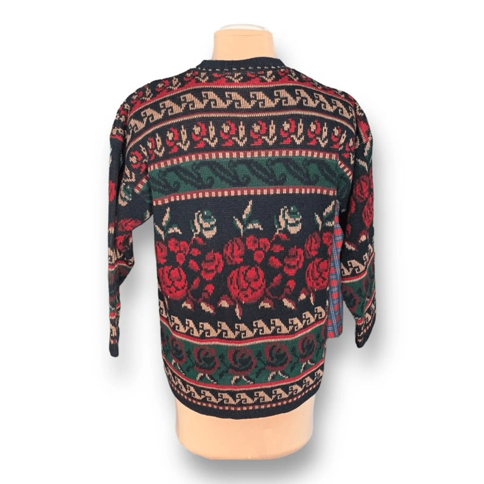 Vintage 90s Sweater Red Rose Dark Floral Knit Pullover Black Green Made in USA Size M - Image 2