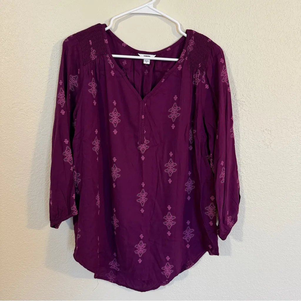 Sonoma Top Size M Plum Purple 3/4 Puff Sleeve Smocking Pullover Boho Blouse - Image 2