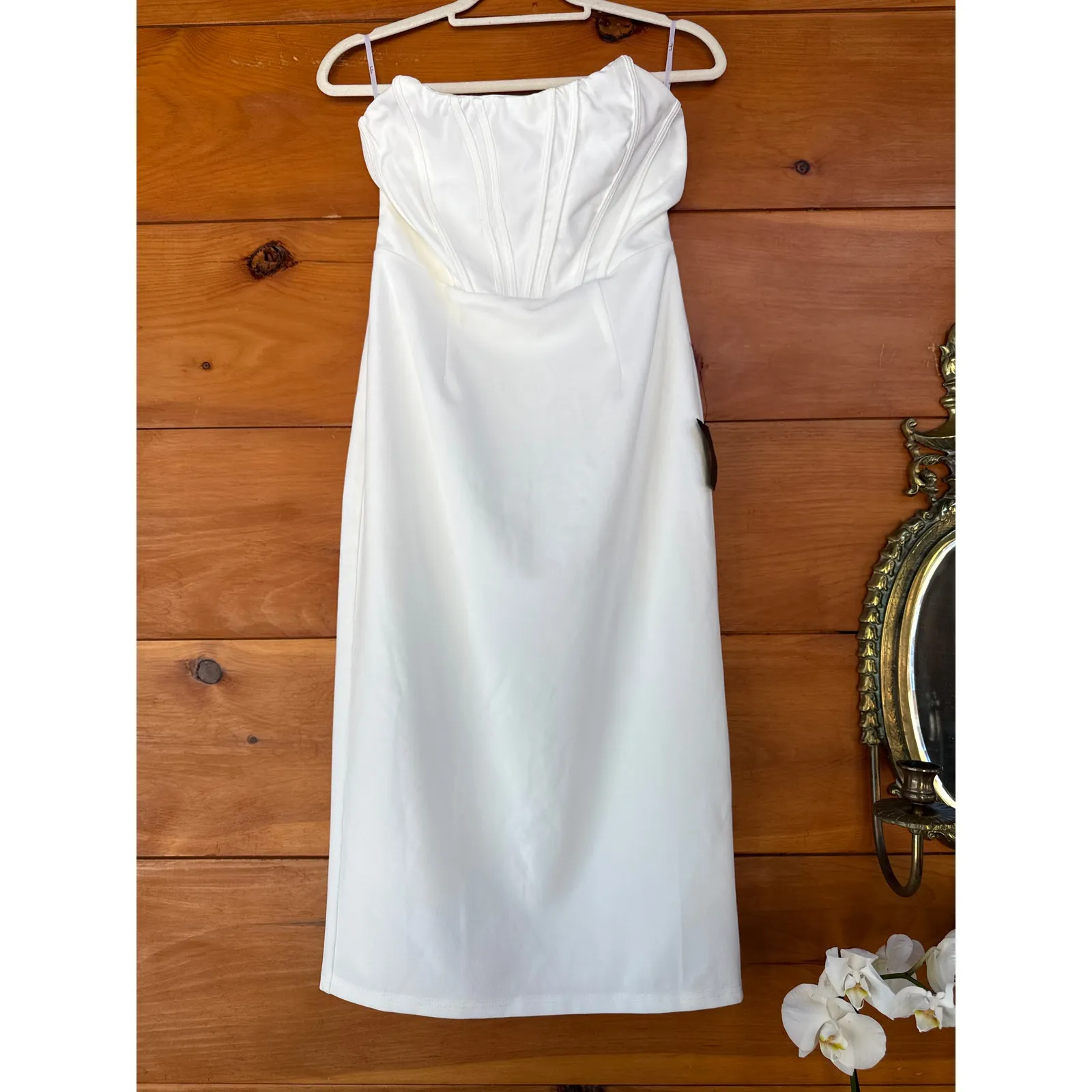 NWT Lulus Gorgeously Sultry White Bustier Strapless Midi Dress Wedding Gala Sz L - Image 2