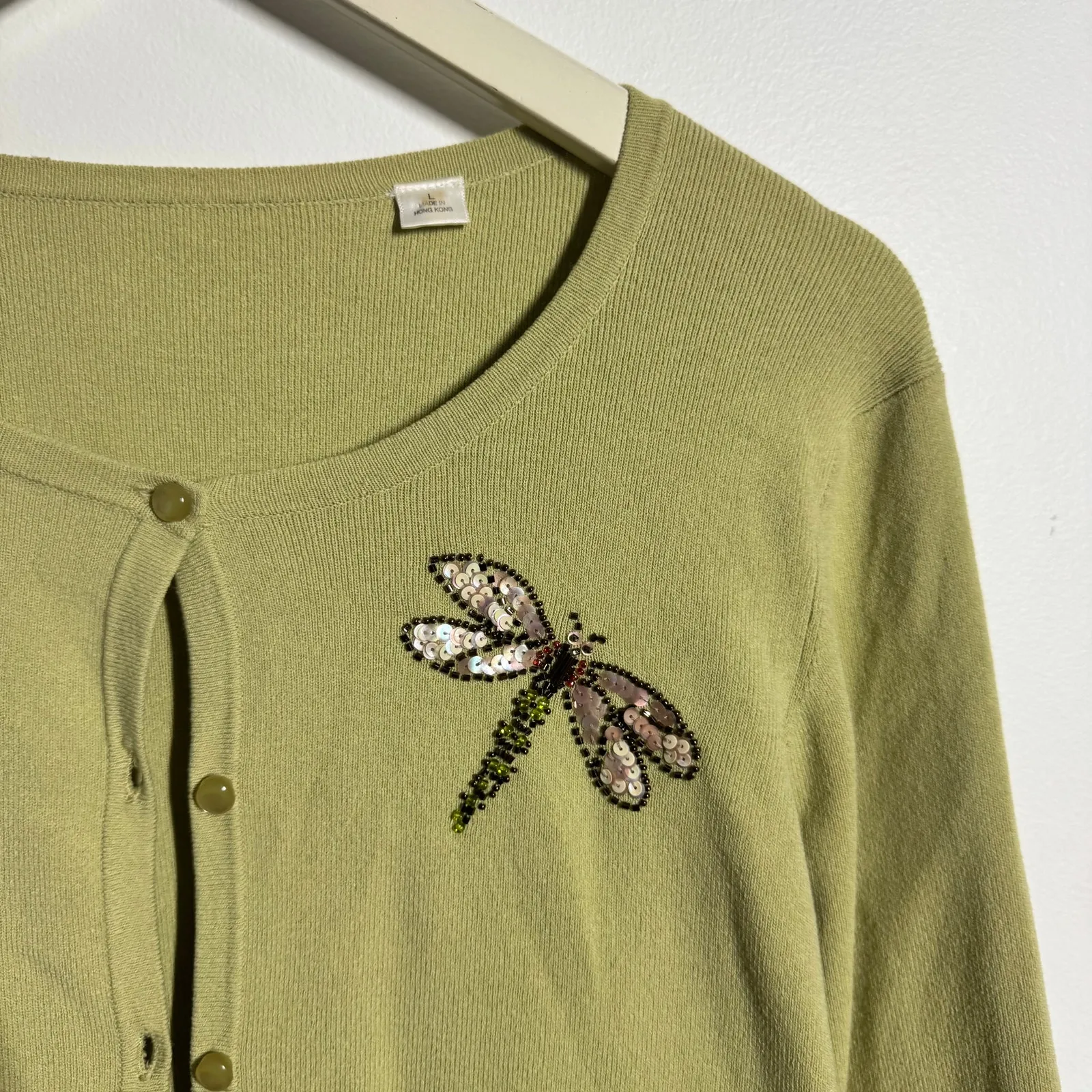Vintage Cardigan Women L Green Beaded Dragonfly Cottage Japan Prep Y2K Whimsical Size L - Image 5