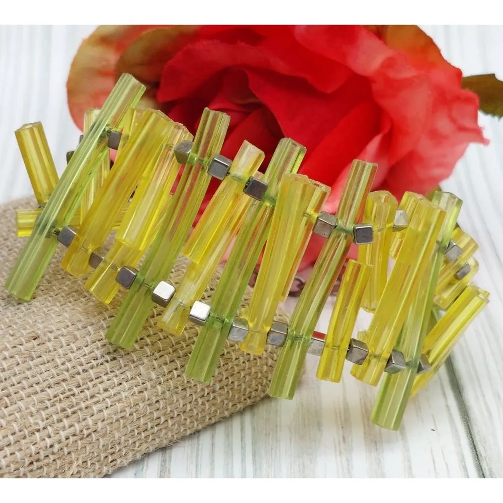 Coccinelle Silver Tone & Green Plastic Modern Art to Wear Bracelet 8" - Image 6